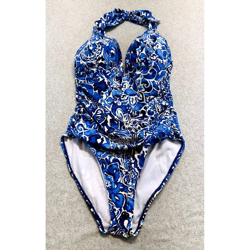 Lauren Ralph Lauren Womens 8 Blue White Paisley Halter One Piece Swimsuit Ruched